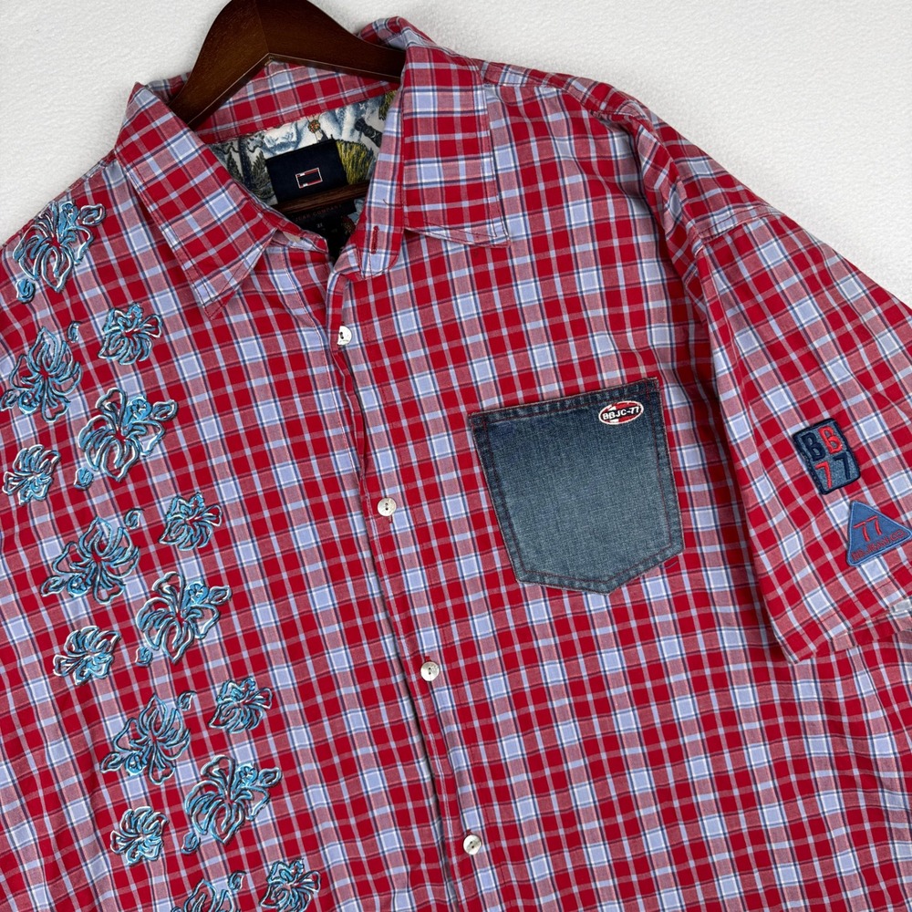 Vtg Bugle Boy Button Up Shirt Mens 3X Plaid Hibiscus Denim Pocket Y2K Streetwear